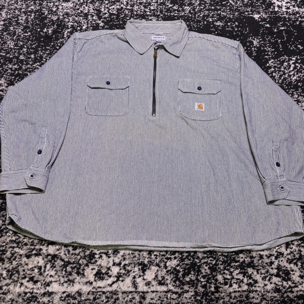 Carhartt Mens 4XL Hickory Stripe Half Zip Work Shirt Long Sleeve Original Fit